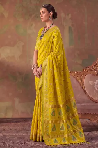Yellow soft silk blend printed work saree with blouse