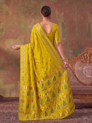 Yellow soft silk blend printed work saree with blouse 3