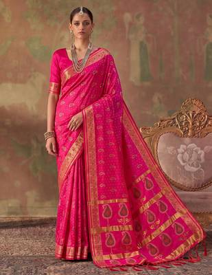 Pink soft silk blend printed work saree with blouse 1