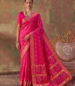 Pink soft silk blend printed work saree with blouse
