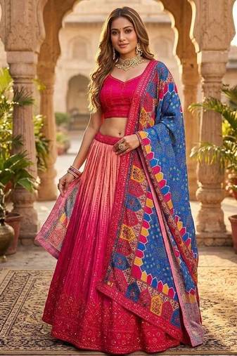 red color sequins thread work Chinon silk blend lehnga Choli Set