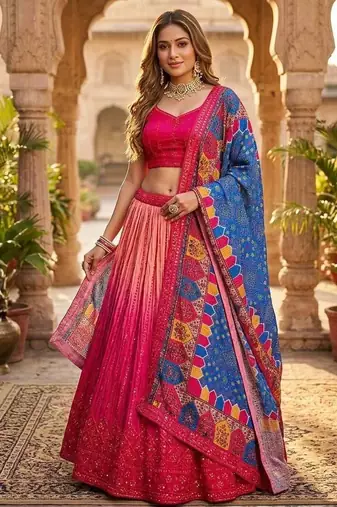 red color sequins thread work Chinon silk blend lehnga Choli Set