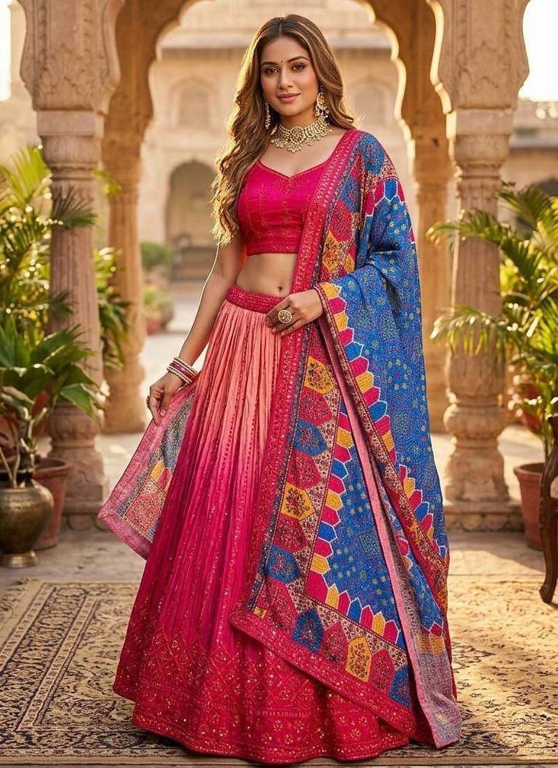 red color sequins thread work Chinon silk blend lehnga Choli Set