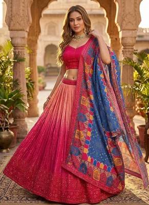 red color sequins thread work Chinon silk blend lehnga Choli Set 2