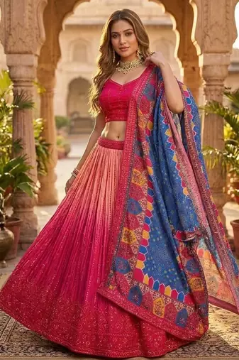red color sequins thread work Chinon silk blend lehnga Choli Set