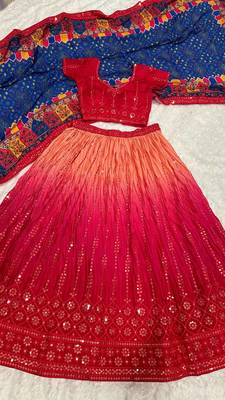 red color sequins thread work Chinon silk blend lehnga Choli Set 3