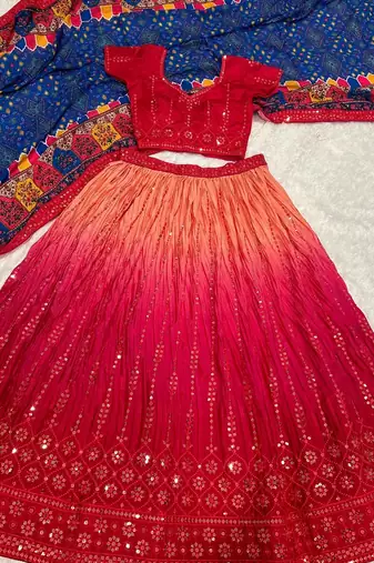 red color sequins thread work Chinon silk blend lehnga Choli Set