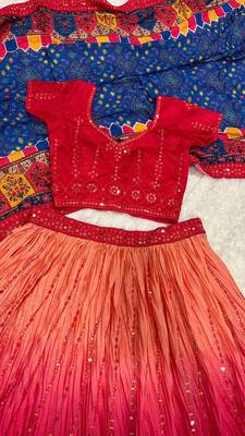 red color sequins thread work Chinon silk blend lehnga Choli Set 4