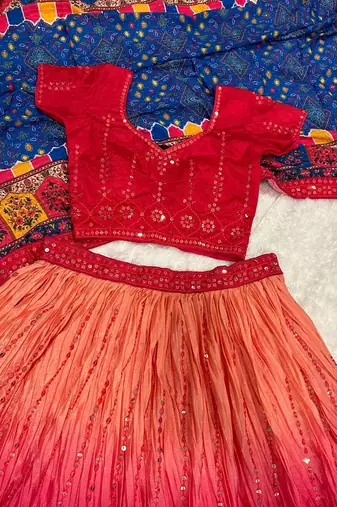 red color sequins thread work Chinon silk blend lehnga Choli Set