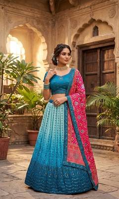 Teal Blue color sequins thread work Chinon silk blend lehnga Choli Set 1