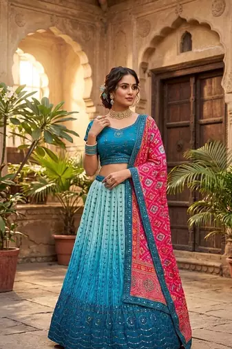 Teal Blue color sequins thread work Chinon silk blend lehnga Choli Set