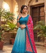 Teal Blue color sequins thread work Chinon silk blend lehnga Choli Set