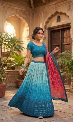 Teal Blue color sequins thread work Chinon silk blend lehnga Choli Set 2