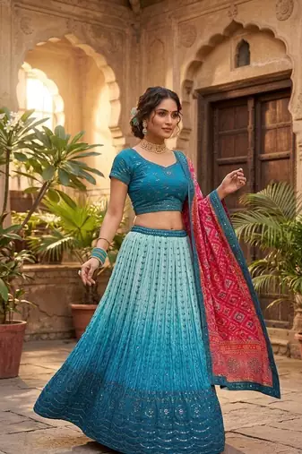 Teal Blue color sequins thread work Chinon silk blend lehnga Choli Set