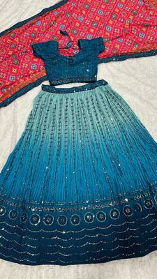 Teal Blue color sequins thread work Chinon silk blend lehnga Choli Set 3