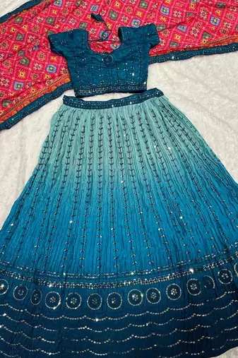 Teal Blue color sequins thread work Chinon silk blend lehnga Choli Set