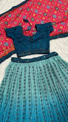 Teal Blue color sequins thread work Chinon silk blend lehnga Choli Set 4