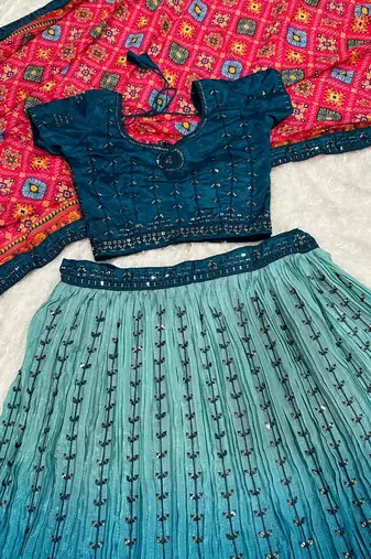 Teal Blue color sequins thread work Chinon silk blend lehnga Choli Set