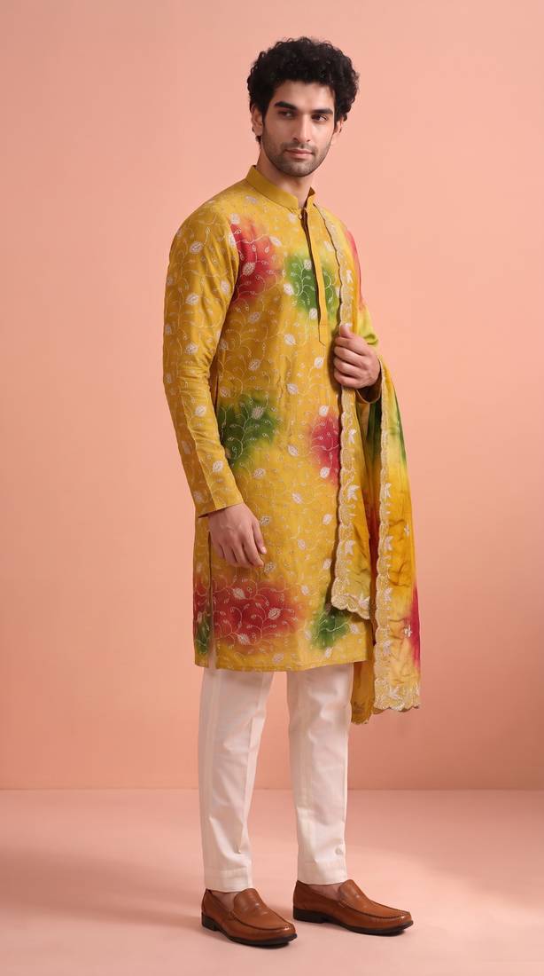 Men rangoli beads & thread work kurta set