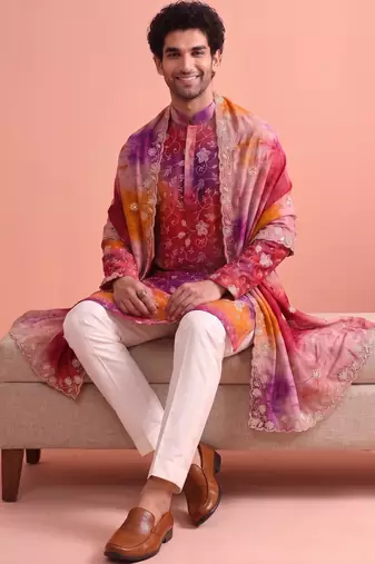 Men rangoli beads & thread work kurta set