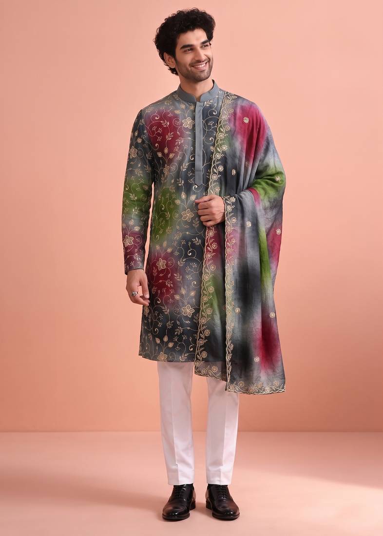 Men rangoli beads & thread work kurta set