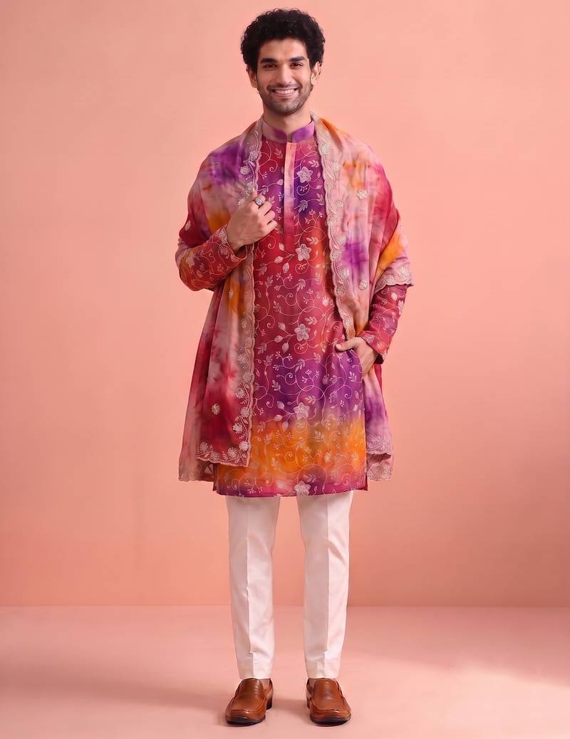 Men rangoli beads & thread work kurta set