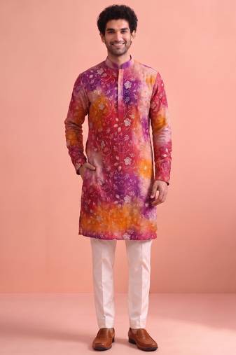 Men rangoli beads & thread work kurta set