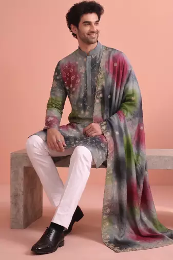 Men rangoli beads & thread work kurta set