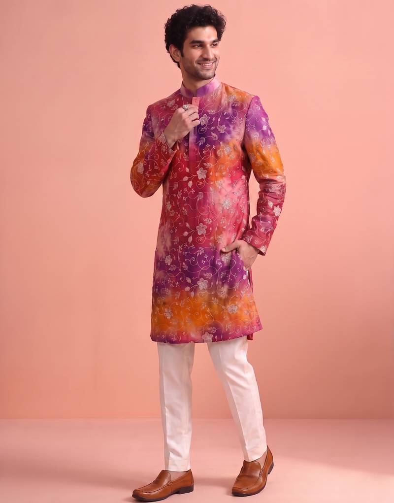 Men rangoli beads & thread work kurta set