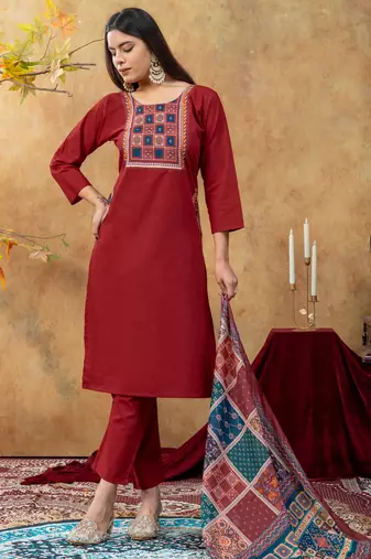  maroon  cotton straight kurti suit set with printed dupatta
