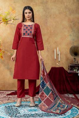  maroon  cotton straight kurti suit set with printed dupatta 3