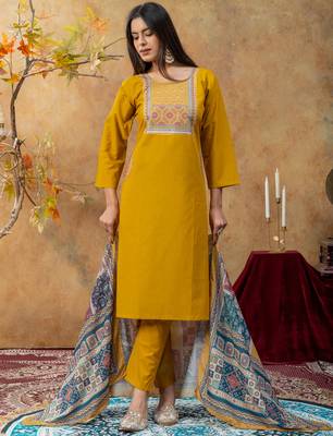 Premium mustard dhabu cotton straight kurti suit set with printed dupatta 2