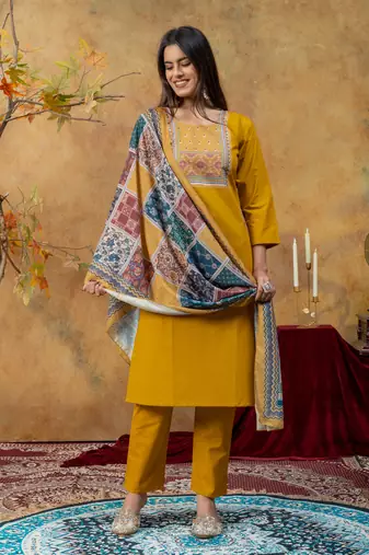 Premium mustard dhabu cotton straight kurti suit set with printed dupatta