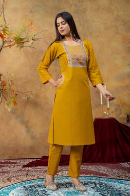 Premium mustard dhabu cotton straight kurti suit set with printed dupatta 5