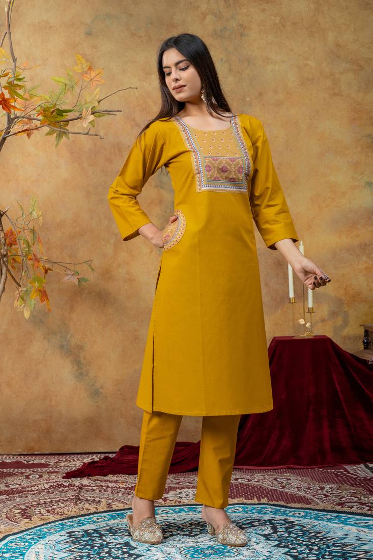 Premium mustard dhabu cotton straight kurti suit set with printed dupatta