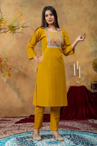 Premium mustard dhabu cotton straight kurti suit set with printed dupatta
