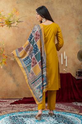 Premium mustard dhabu cotton straight kurti suit set with printed dupatta 7