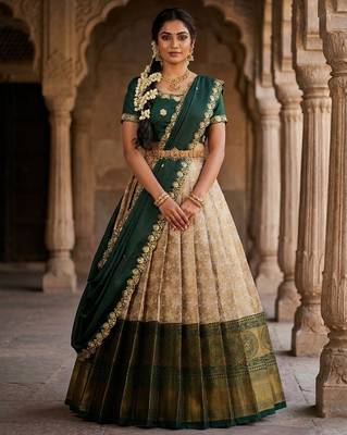 Beautiful South Indian Style Semi-Stitched Half Saree with Embroidery Work Blouse and Dupatta for Women 1