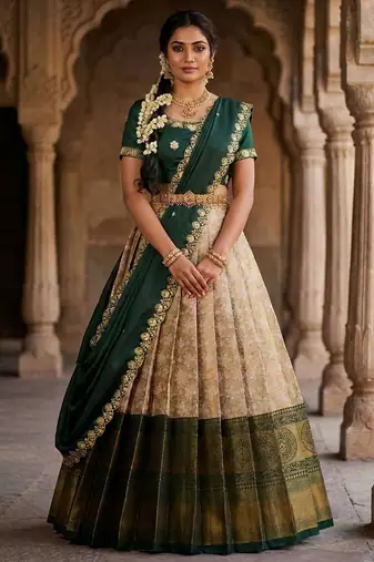 Beautiful South Indian Style Semi-Stitched Half Saree with Embroidery Work Blouse and Dupatta for Women