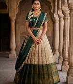 Beautiful South Indian Style Semi-Stitched Half Saree with Embroidery Work Blouse and Dupatta for Women