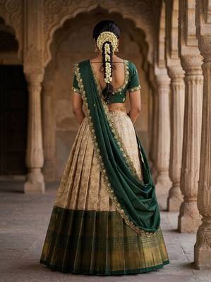 Beautiful South Indian Style Semi-Stitched Half Saree with Embroidery Work Blouse and Dupatta for Women 2