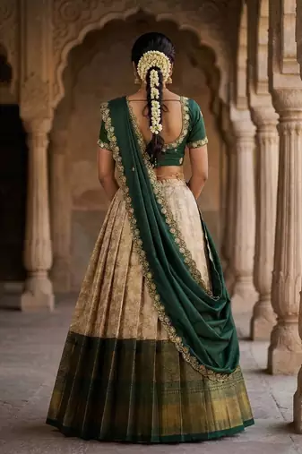 Beautiful South Indian Style Semi-Stitched Half Saree with Embroidery Work Blouse and Dupatta for Women
