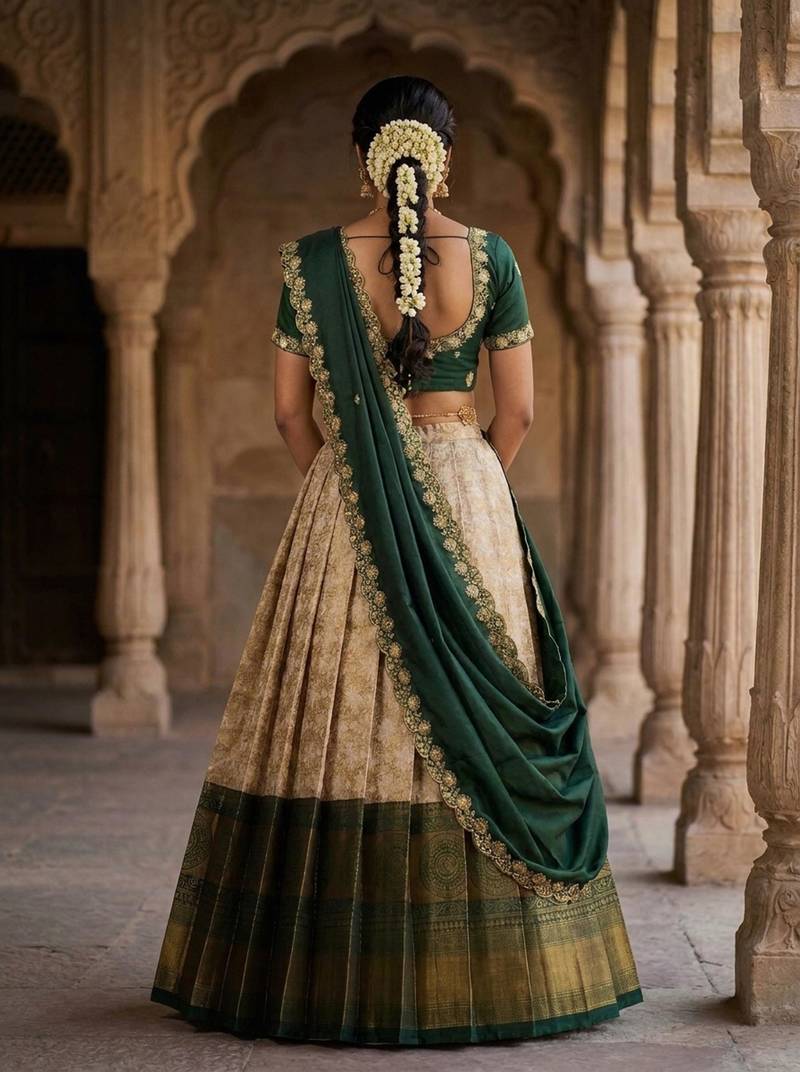 Beautiful South Indian Style Semi-Stitched Half Saree with Embroidery Work Blouse and Dupatta for Women