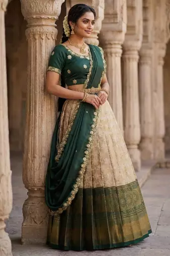 Beautiful South Indian Style Semi-Stitched Half Saree with Embroidery Work Blouse and Dupatta for Women