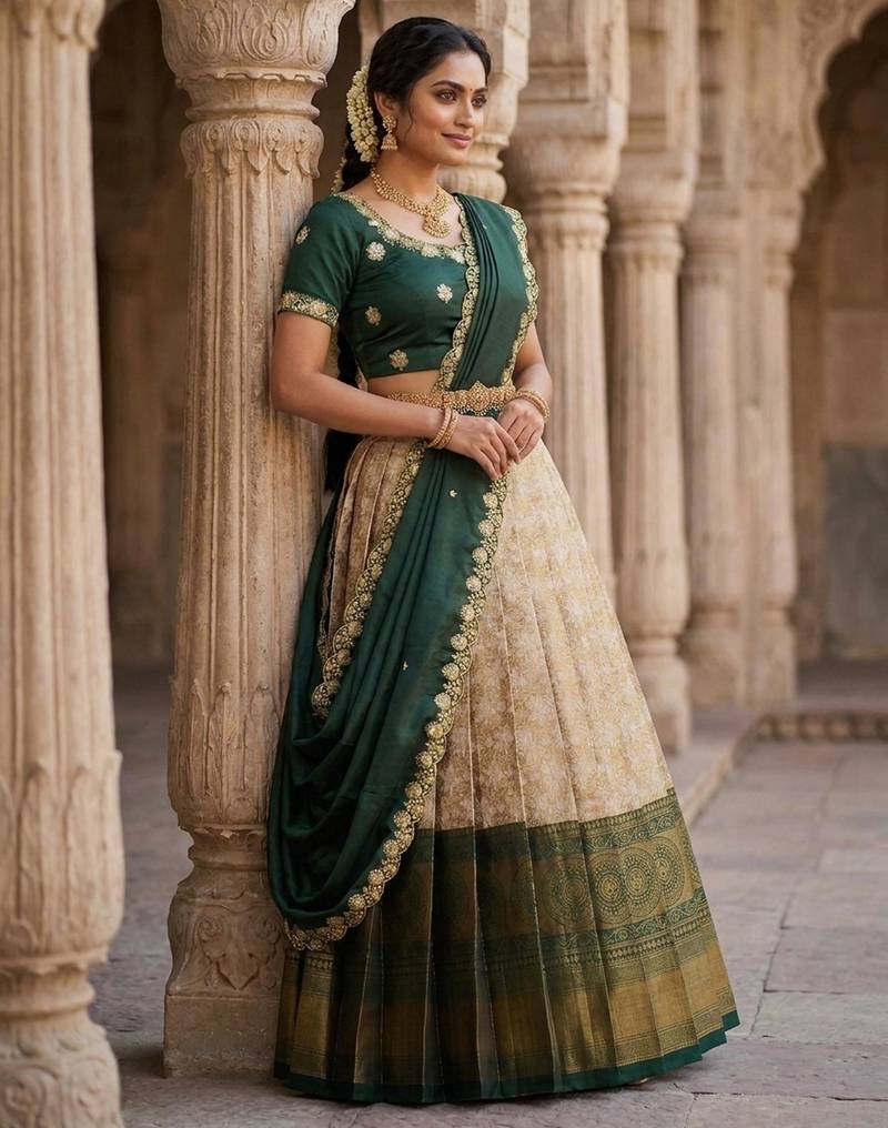 Beautiful South Indian Style Semi-Stitched Half Saree with Embroidery Work Blouse and Dupatta for Women