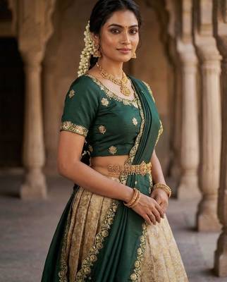 Beautiful South Indian Style Semi-Stitched Half Saree with Embroidery Work Blouse and Dupatta for Women 4