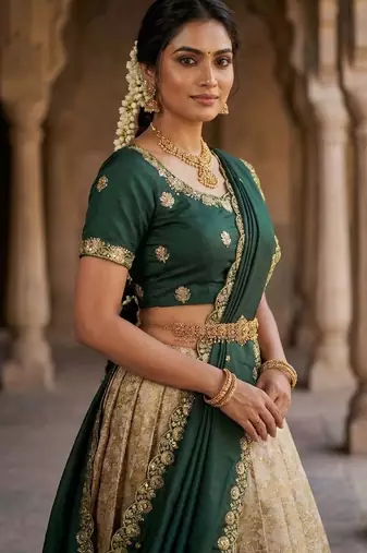 Beautiful South Indian Style Semi-Stitched Half Saree with Embroidery Work Blouse and Dupatta for Women