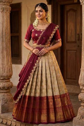 Beautiful South Indian Style Semi-Stitched Half Saree with Embroidery Work Blouse and Dupatta for Women