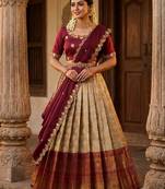 Beautiful South Indian Style Semi-Stitched Half Saree with Embroidery Work Blouse and Dupatta for Women