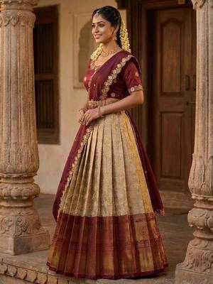 Beautiful South Indian Style Semi-Stitched Half Saree with Embroidery Work Blouse and Dupatta for Women 2